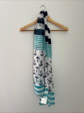 Striped Anchor Print Scarf - Teal & Navy Coastal Beach Vacation NWT 72”L x 28” W